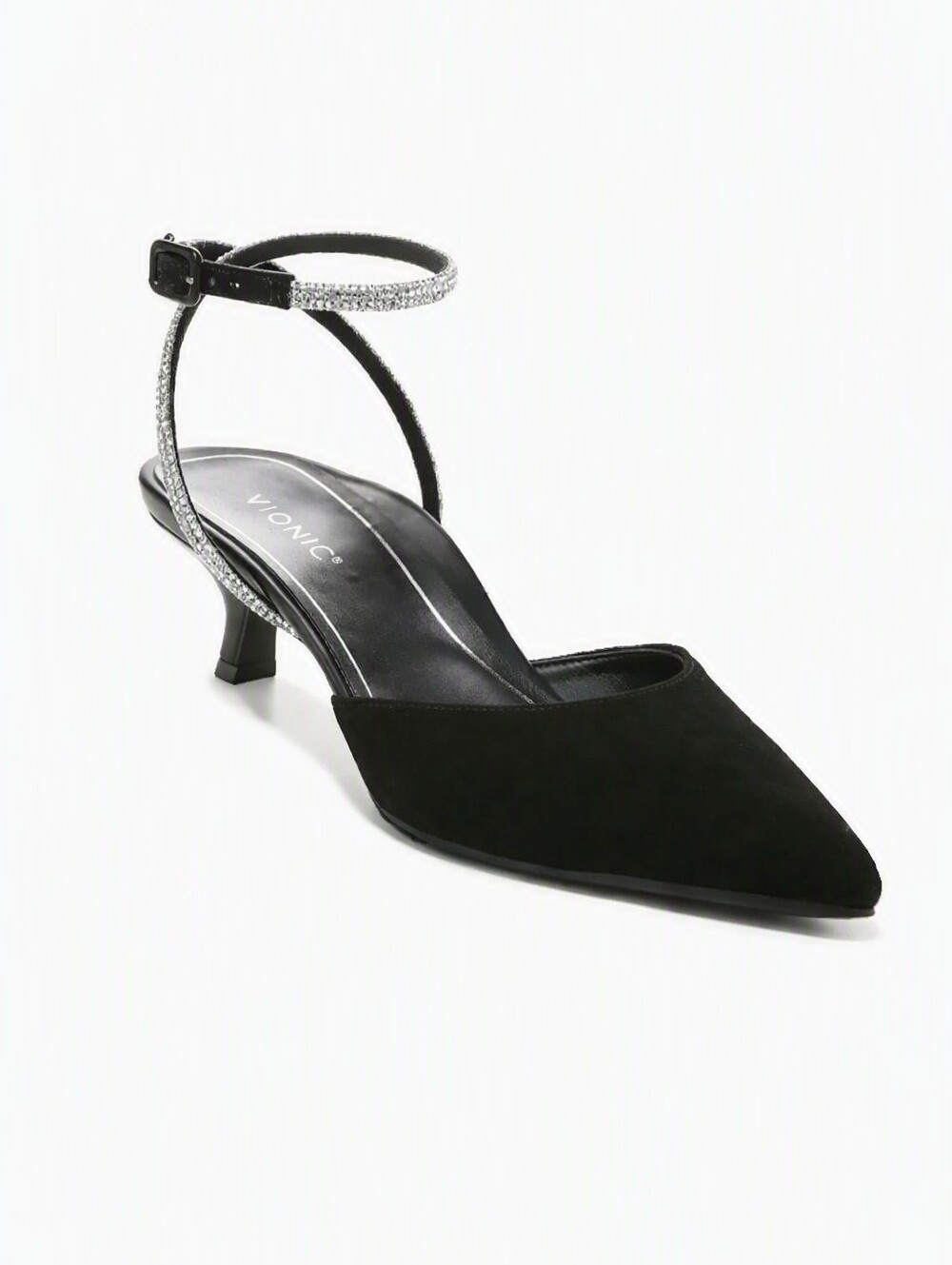 Vionic Jacynda Rhinestone Wrap Black Suede Kitten Heel Size 8.5